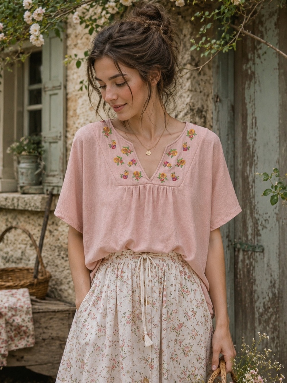 HEYSON | Pink Floral Embroidered V-Neck Short Sleeve Cottagecore Cotton Blouse
